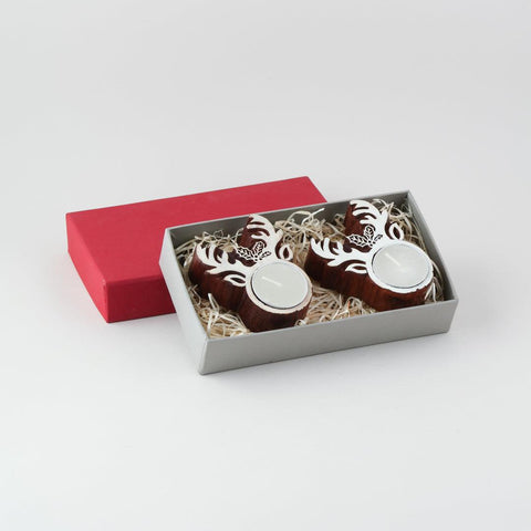 Reindeer Wooden Block Tea Light Holders Set of 2 - Eyaas