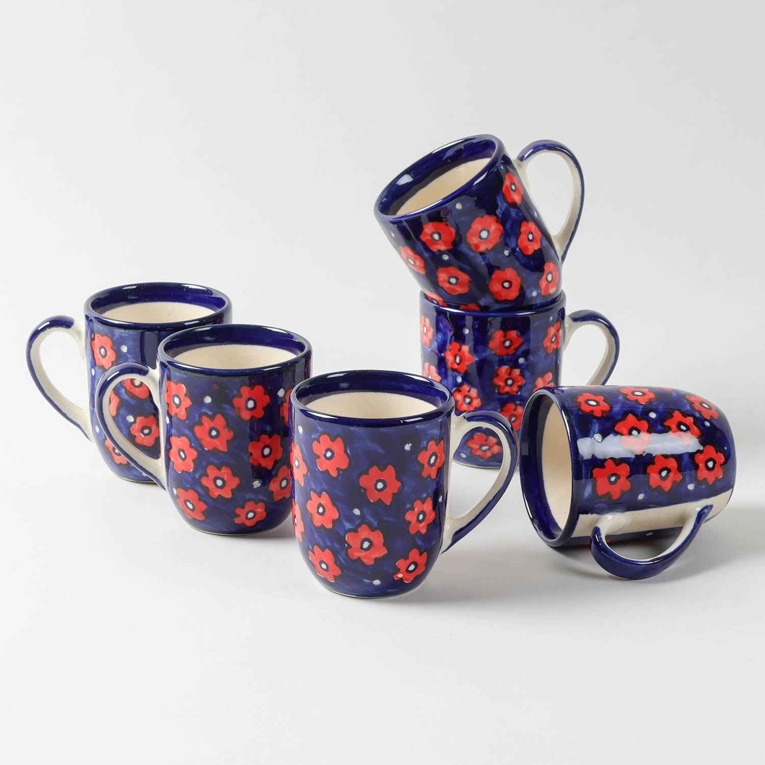 Blue Floral Ceramic Mugs, Set of 2, 3x3.75 inches