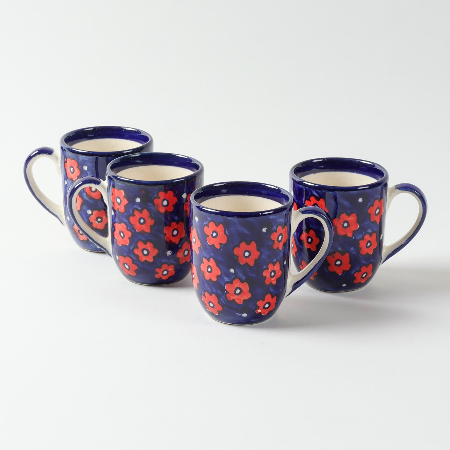Blue Floral Ceramic Mugs, Set of 2, 3x3.75 inches