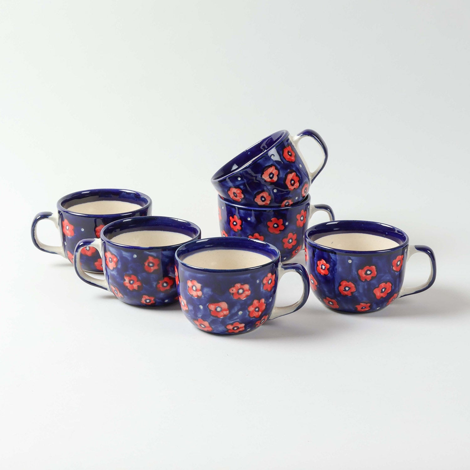 Floral Ceramic Soup Bowl Style Mug Set of 2, Blue