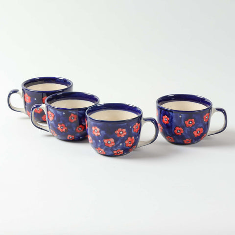 Floral Ceramic Soup Bowl Style Mug Set of 2, Blue