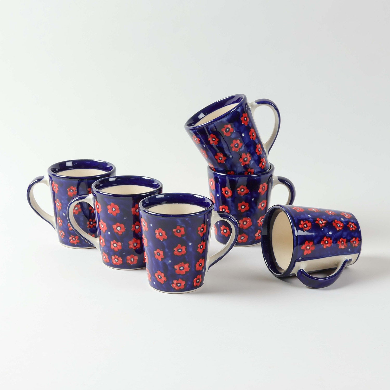 Blue Floral Ceramic Coffee Mug - Set of 2 (Large)