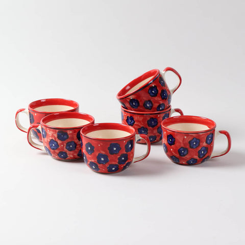 Floral Ceramic Soup Bowl Style Mug Set of 2, Red