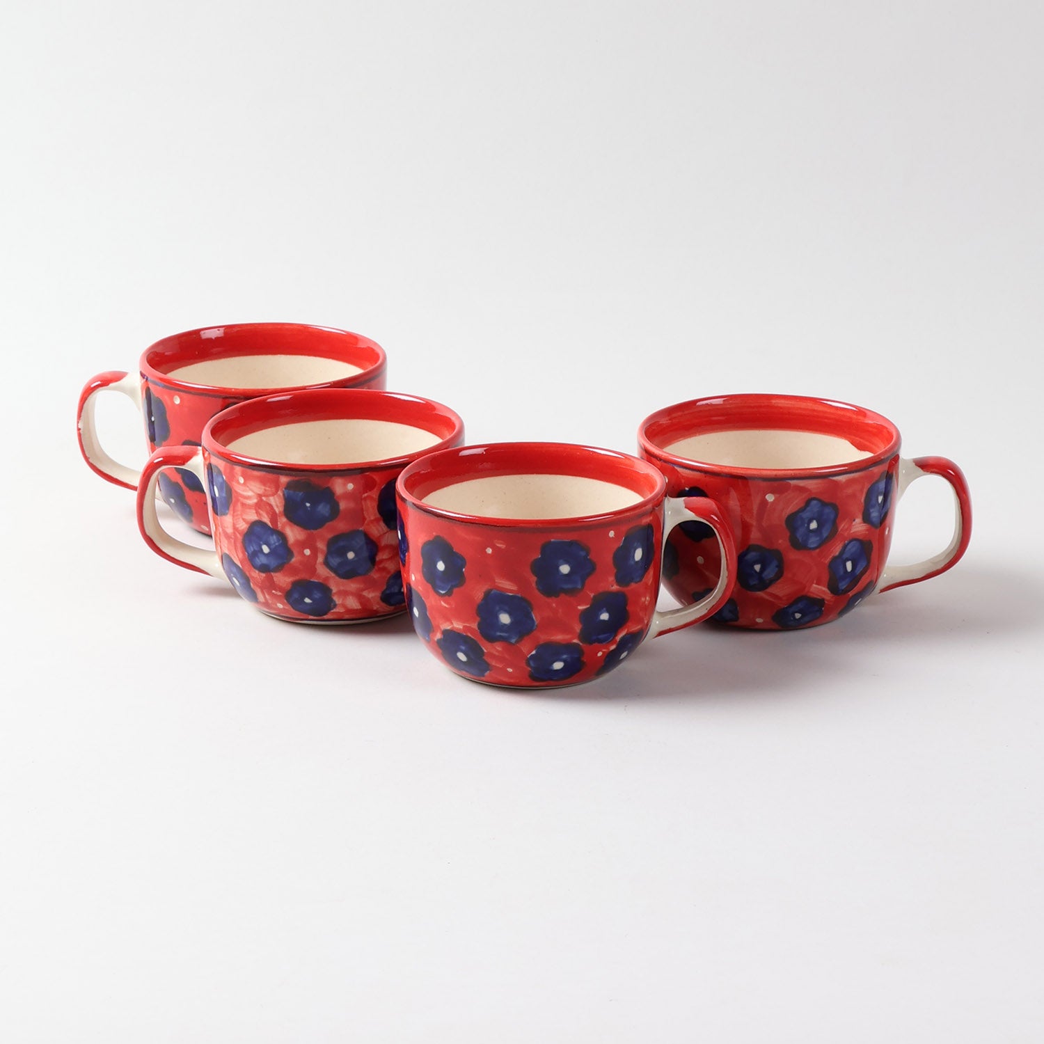 Floral Ceramic Soup Bowl Style Mug Set of 2, Red