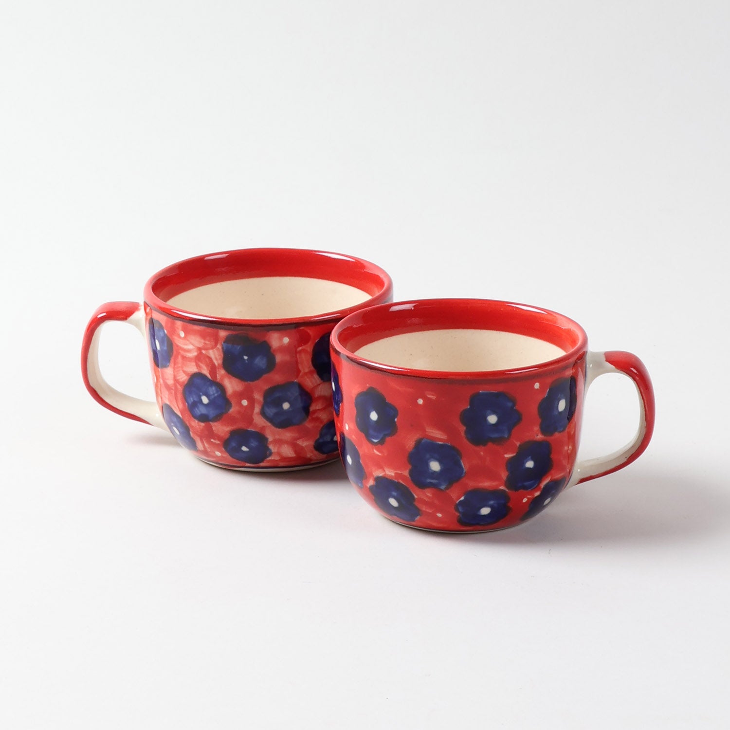 Floral Ceramic Soup Bowl Style Mug Set of 2, Red