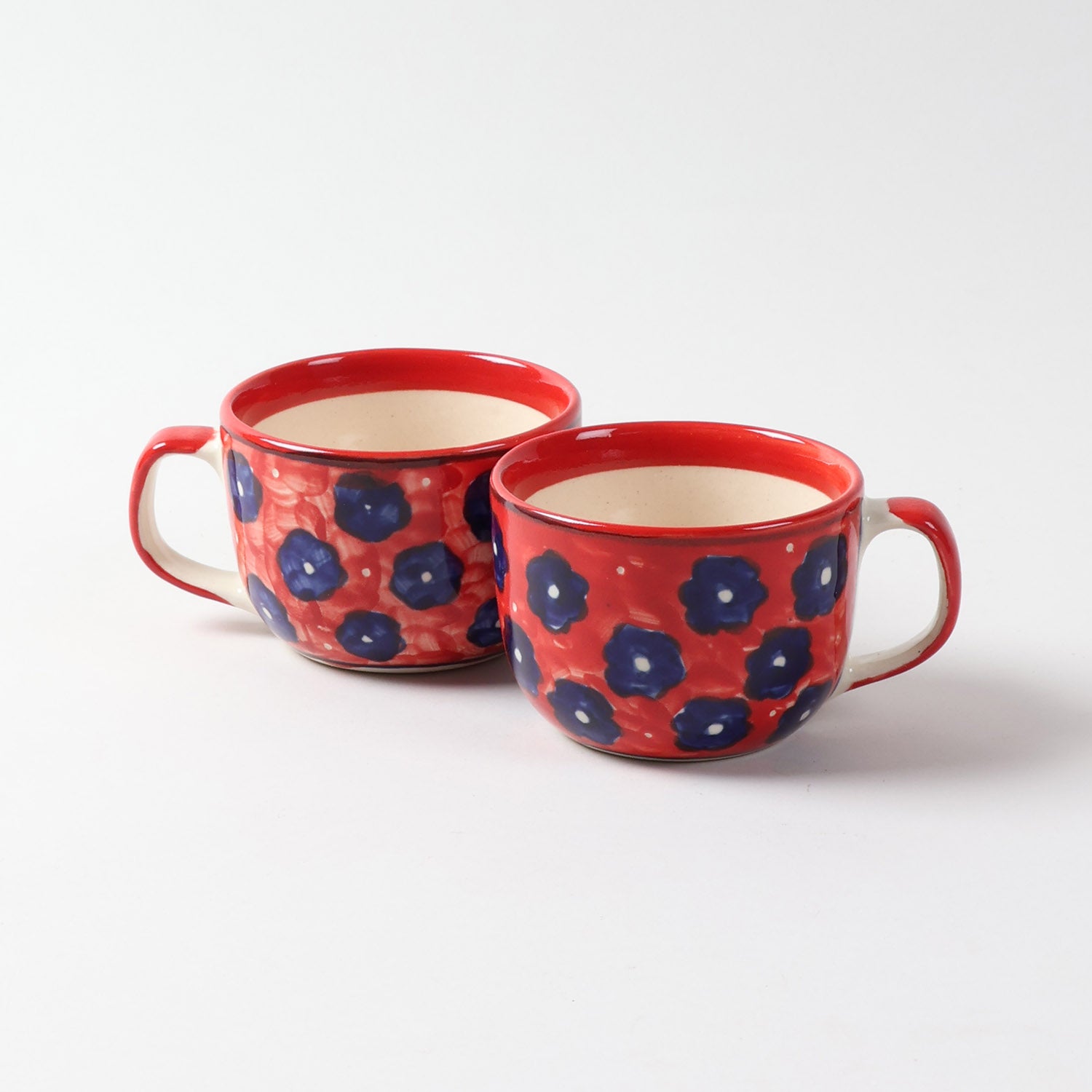 Floral Ceramic Soup Bowl Style Mug Set, Red