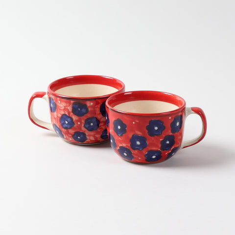 Floral Ceramic Soup Bowl Style Mug Set, Red