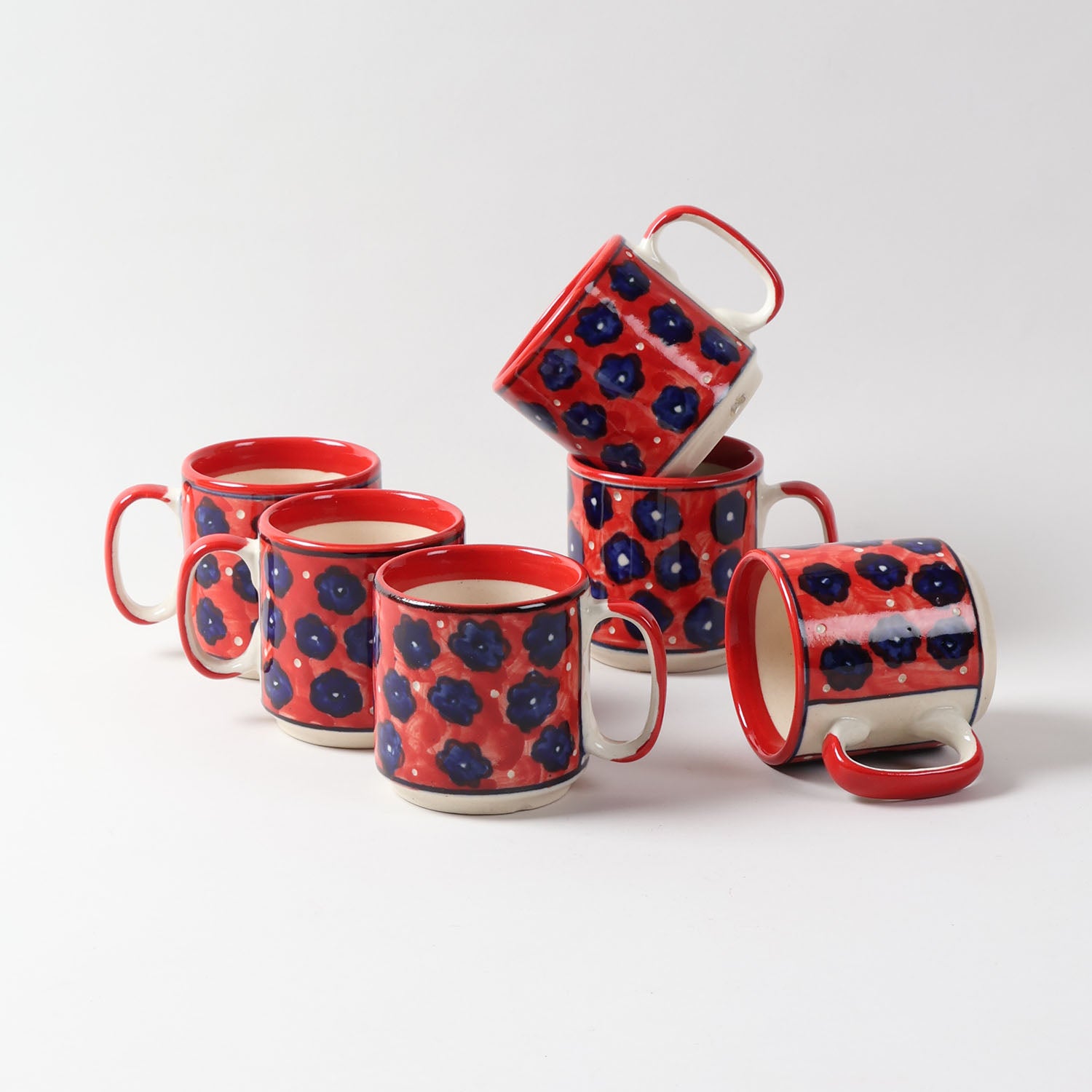 Red Floral Ceramic Coffee Mug - Set of 2 (Small)