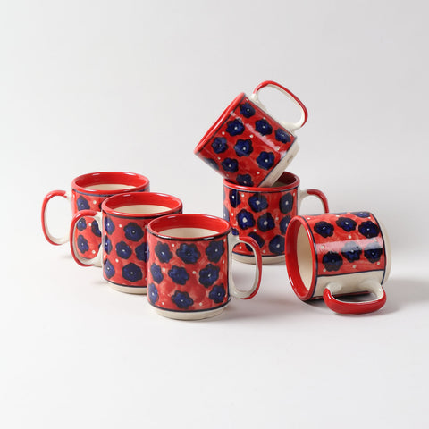 Red Floral Ceramic Coffee Mug - Set of 2 (Small)