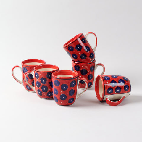 Floral Ceramic Coffee Mug Set of 2, Red, 3x3.75