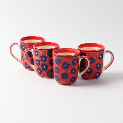 Floral Ceramic Coffee Mug Set of 2, Red, 3x3.75