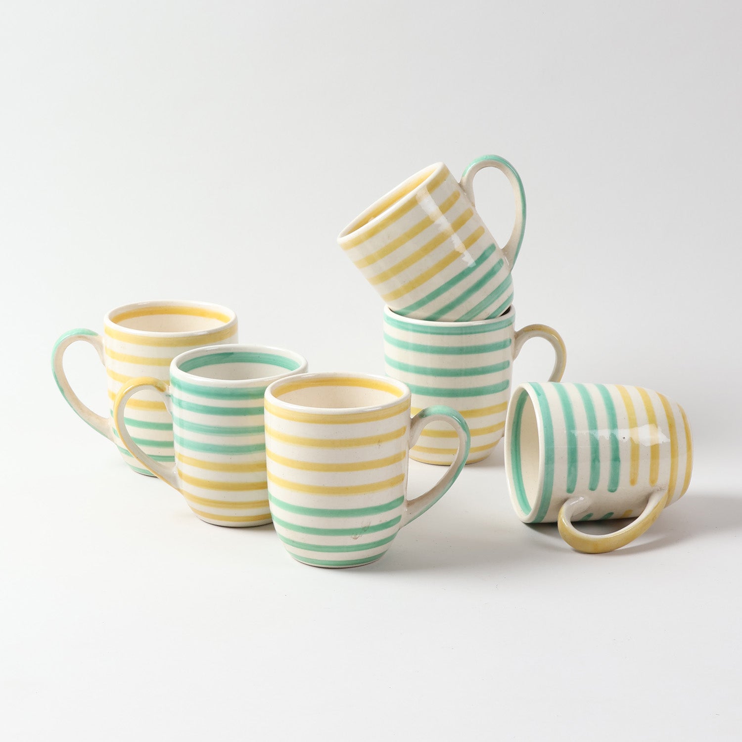 Handpainted Ceramic Striped Mugs Set (Yellow & Green, 250ml Each)