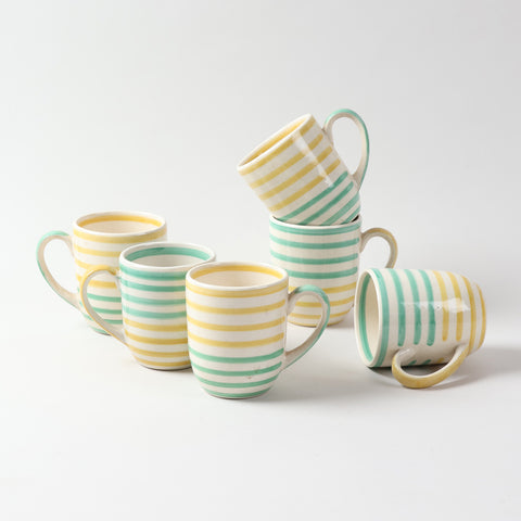 Handpainted Ceramic Striped Mugs Set (Yellow & Green, 250ml Each)