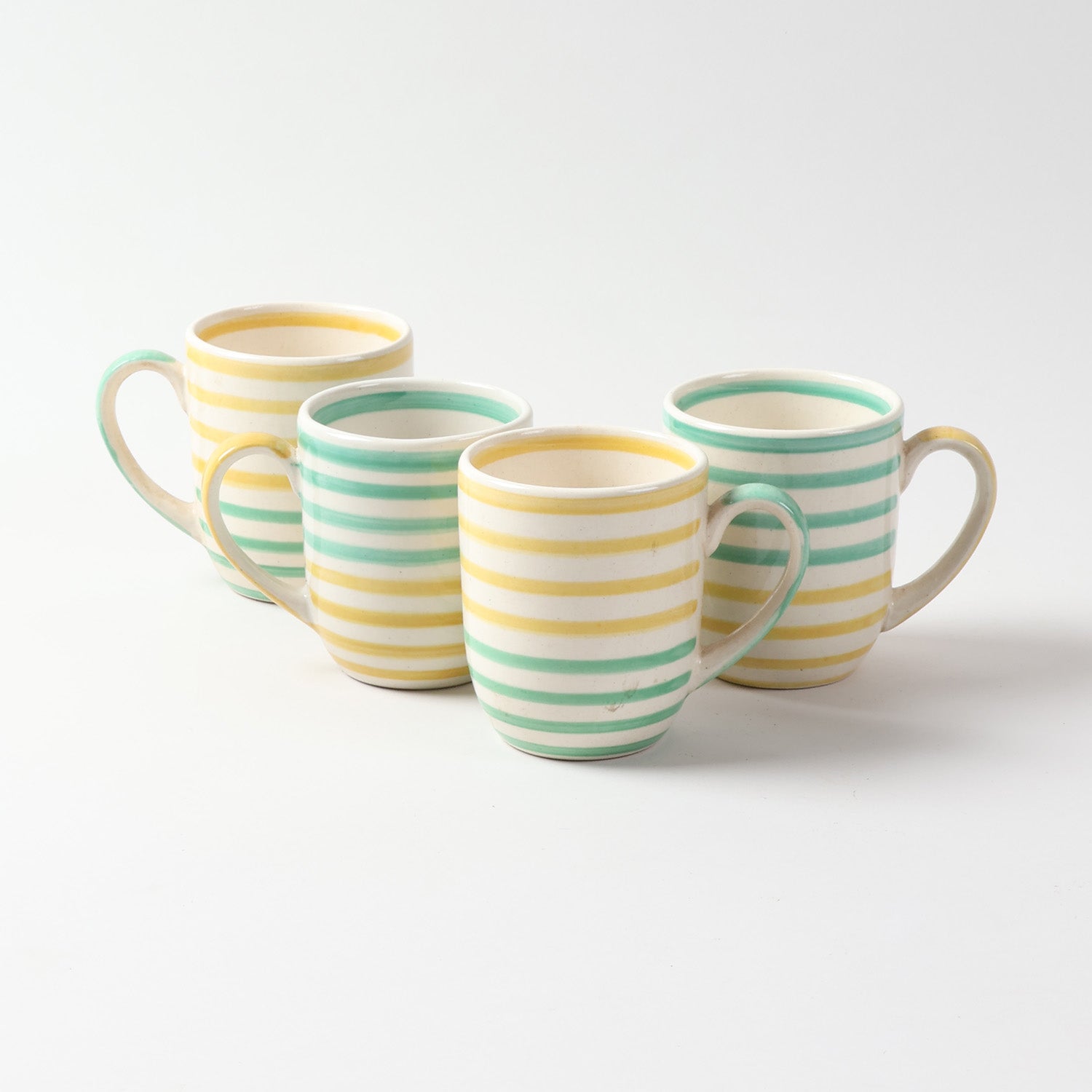 Handpainted Ceramic Striped Mugs Set (Yellow & Green, 250ml Each)