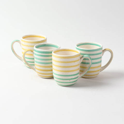Handpainted Ceramic Striped Mugs Set (Yellow & Green, 250ml Each)