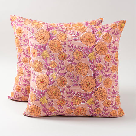 Marigold Jaal Hand Block Printed & Hand Embroidered Cushion Cover Set of 2 , Pink