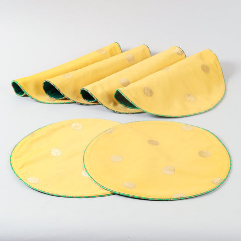Chanderi Handwoven Mat Set of 2 - Round (Yellow/Pink)