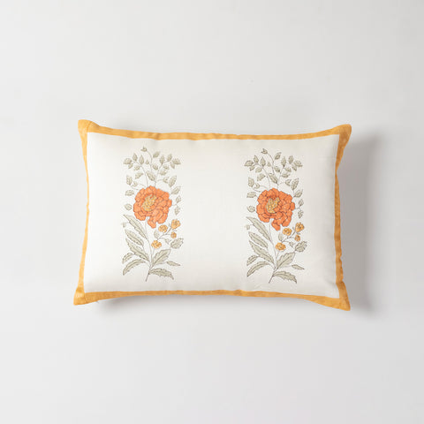 Orange Marigold Buta Block-Printed & Hand Embroidered Lumbar Cushion Cover - Set of 2