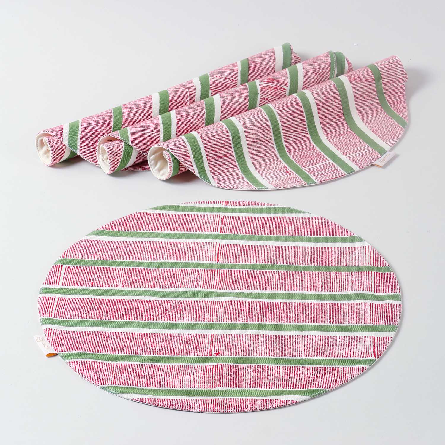 Red & Green Stripe Round Placemat Block Printed 
Set of 2