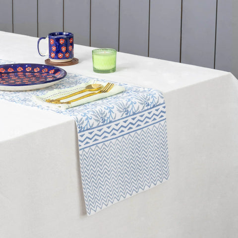 Blue Lily Hand Block Printed Floral Table Runner, 13x90