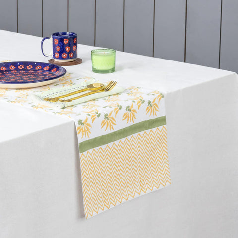 Yellow Lily Hand Block Printed Floral Table Runner, 13x90
