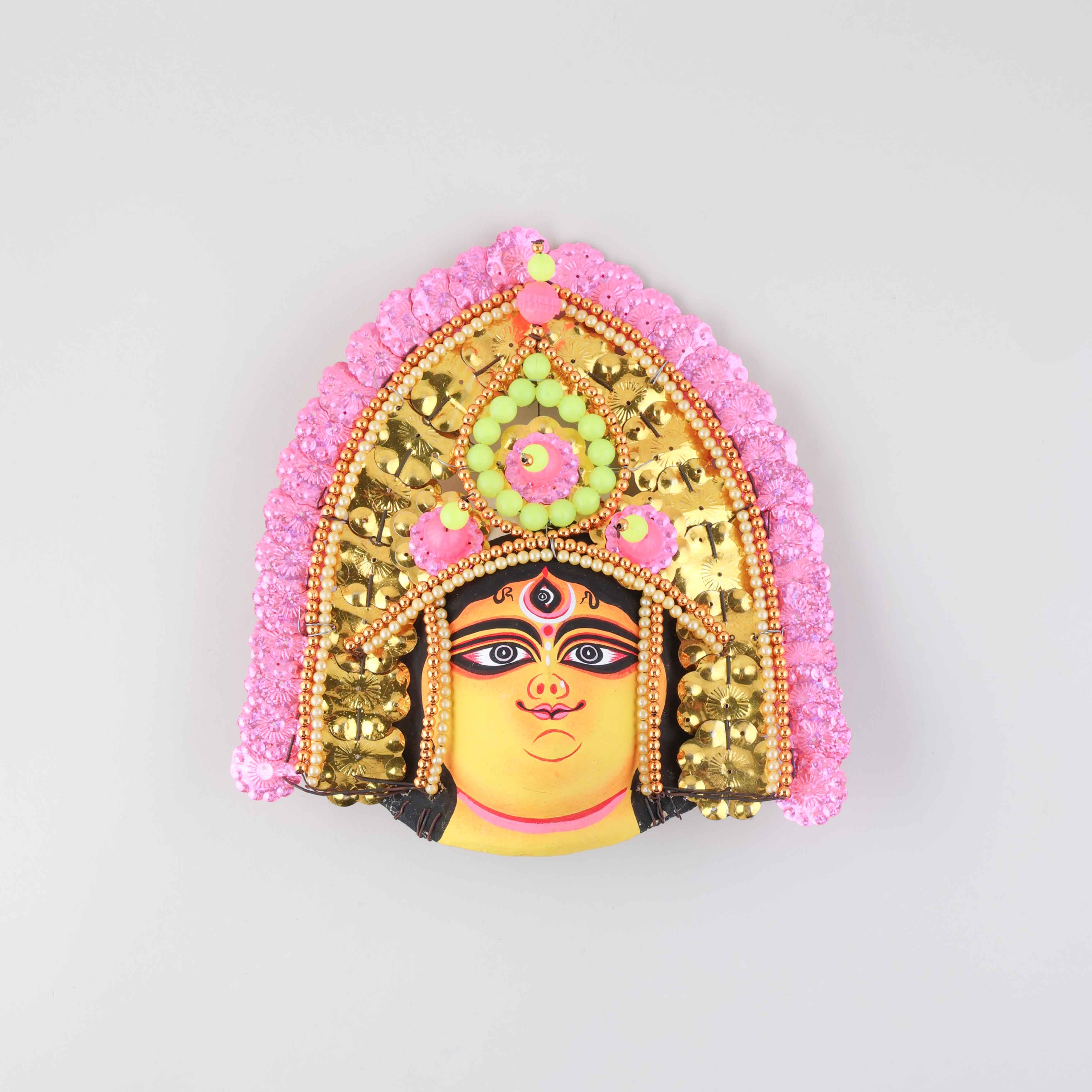 Yellow & Pink Chhau Mask, Durga, 9 Inches