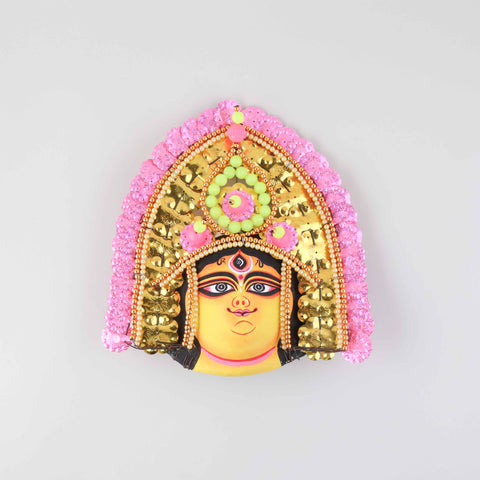 Yellow & Pink Chhau Mask, Durga, 9 Inches