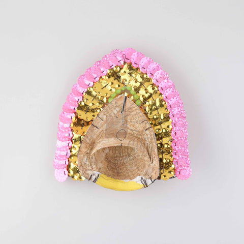Yellow & Pink Chhau Mask, Durga, 9 Inches