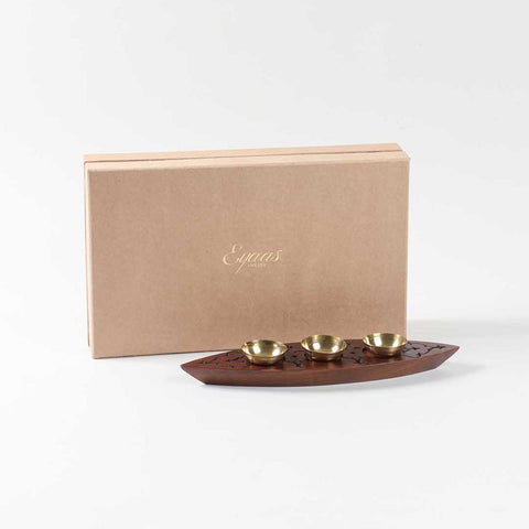 Hand-carved Wooden Boat with Brass Diya Gift Pack