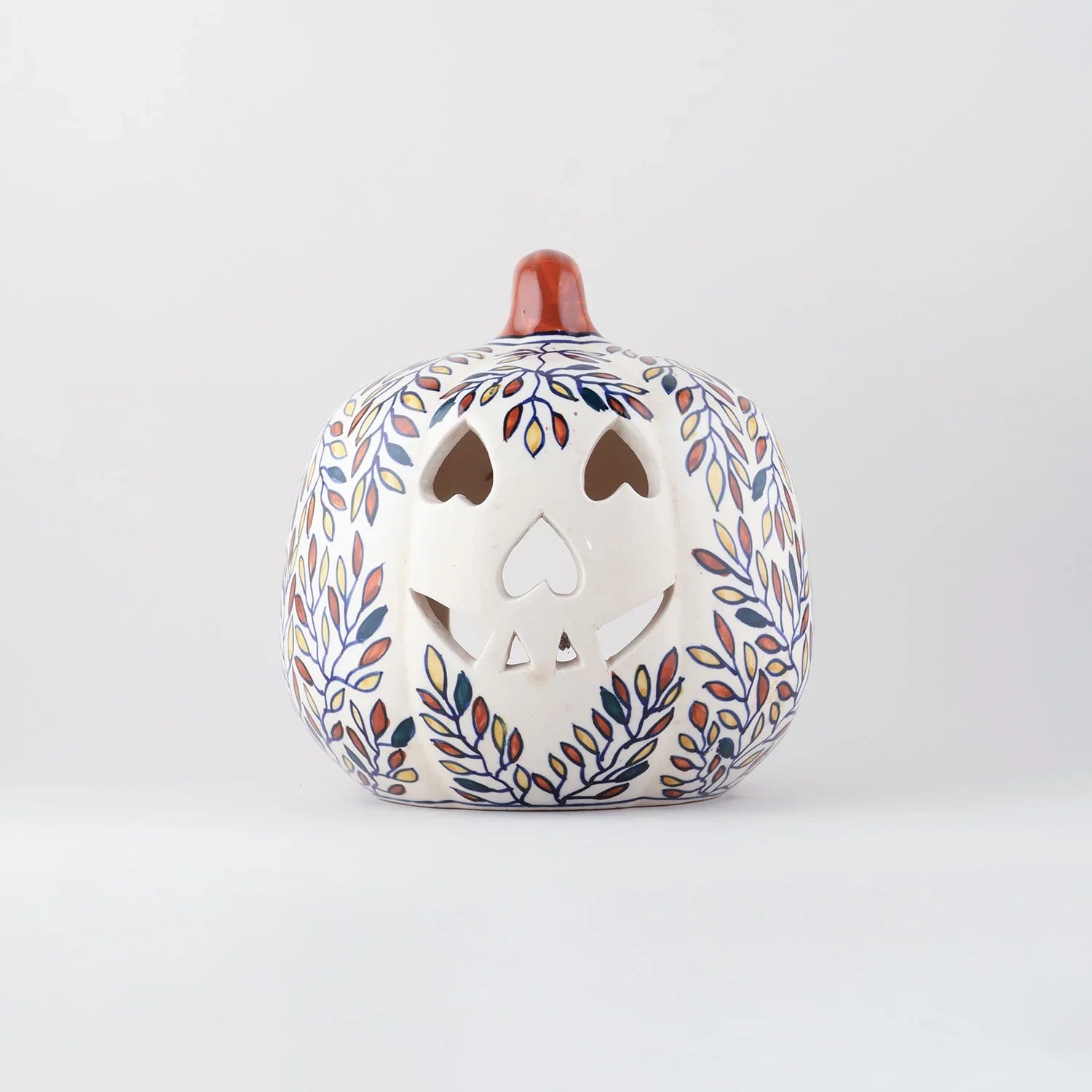 Ceramic Pumpkin Tea Light Holder - Leaves