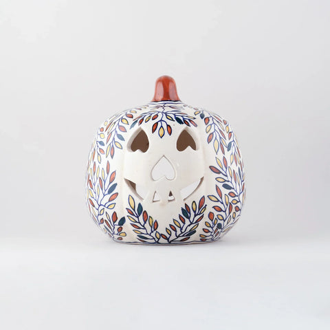 Ceramic Pumpkin Tea Light Holder - Leaves