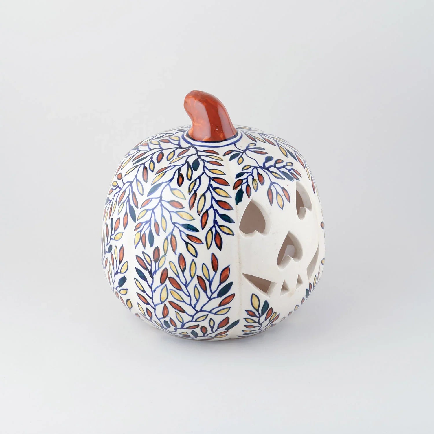 Ceramic Pumpkin Tea Light Holder - Leaves