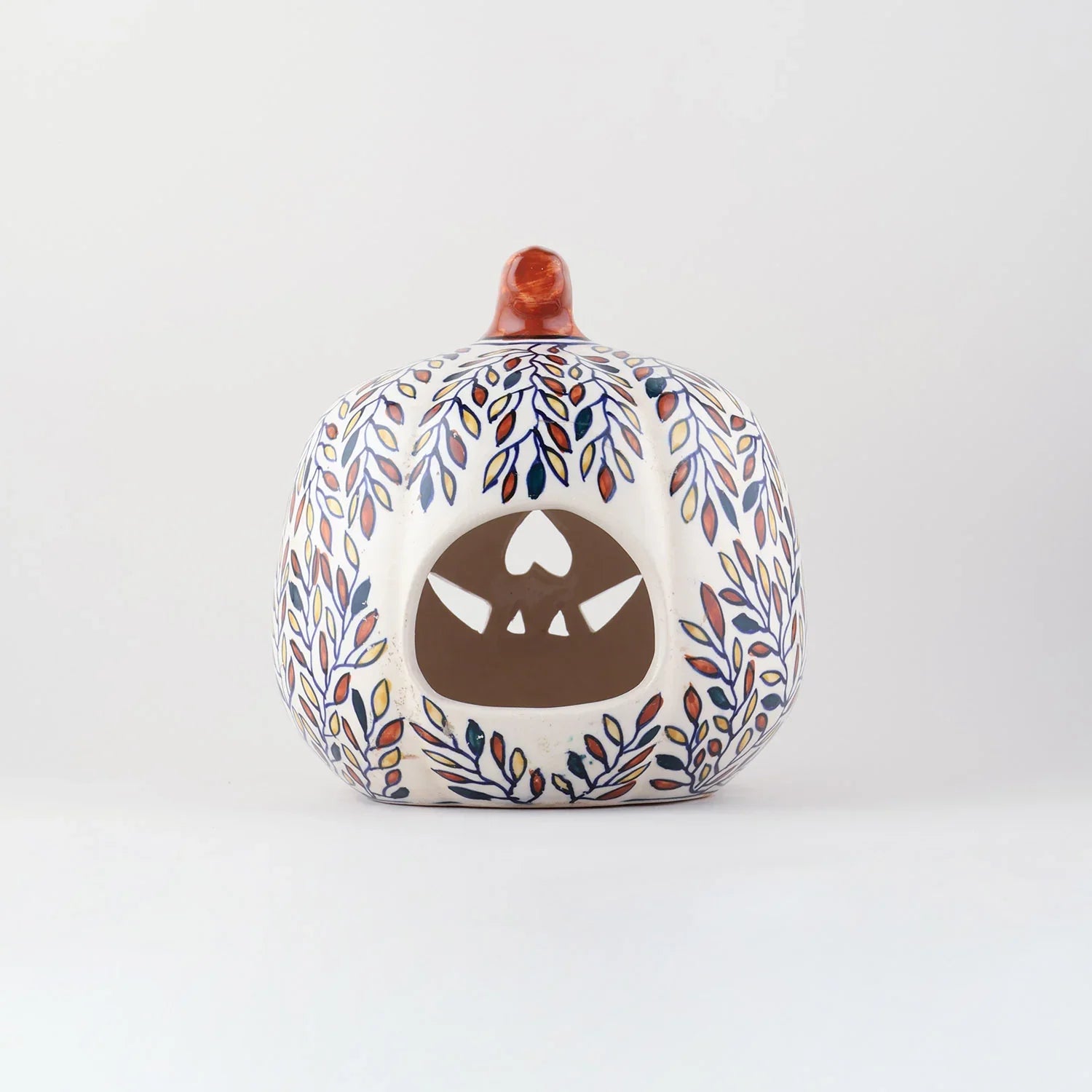 Ceramic Pumpkin Tea Light Holder - Leaves