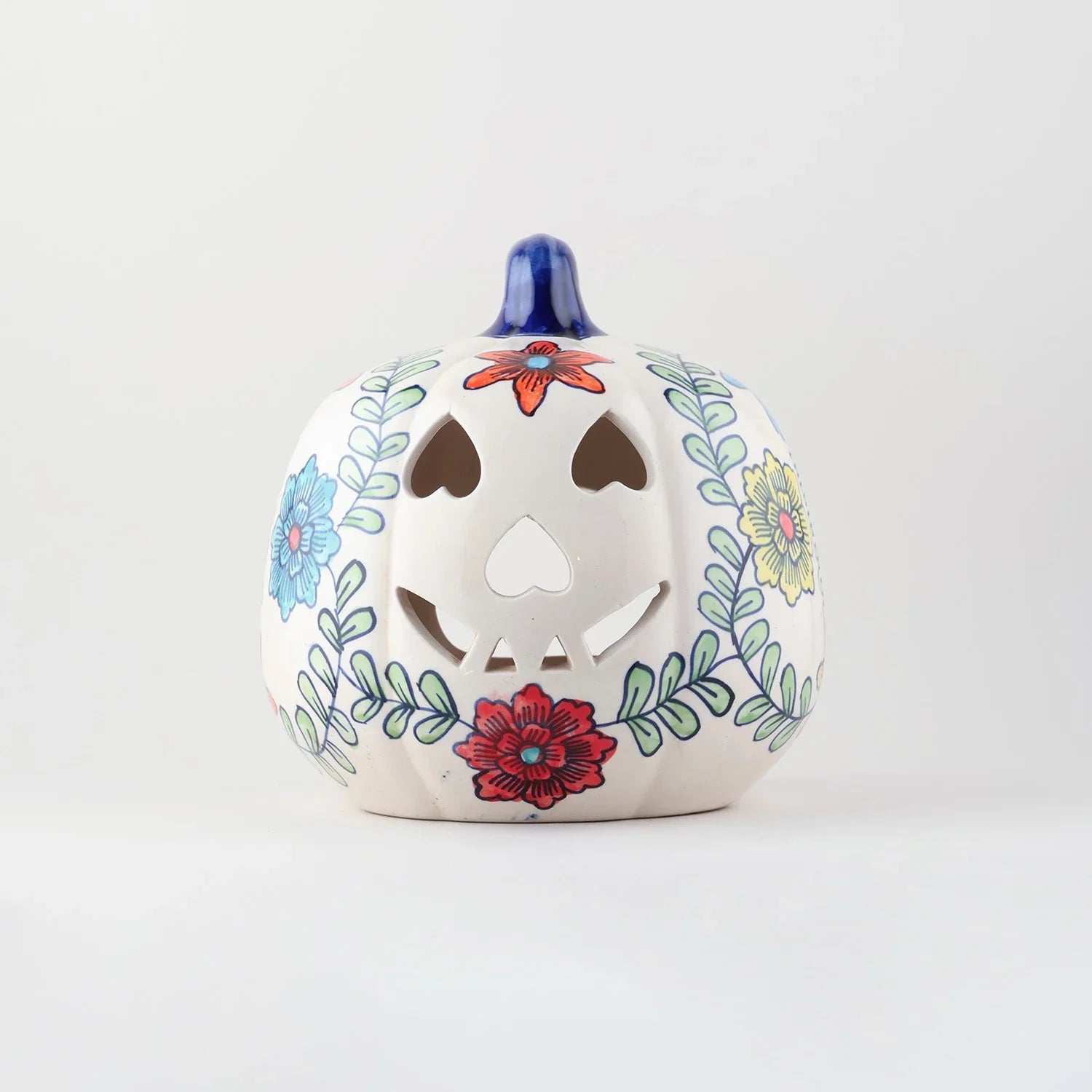 Hand-painted Ceramic Pumpkin T-light Holder - Floral