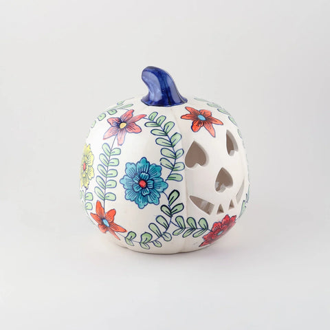 Hand-painted Ceramic Pumpkin T-light Holder - Floral