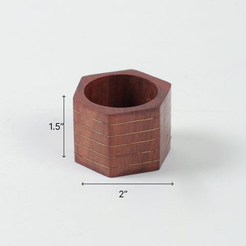 Hexagon Stripe Wooden Napkin Rings Set of 6 with Brass Inlay