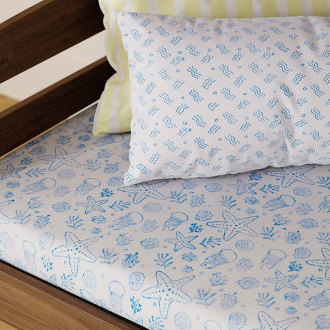 Block Printed Cot Sheet 60x90, Jellyfish & Starfish, Blue - Eyaas