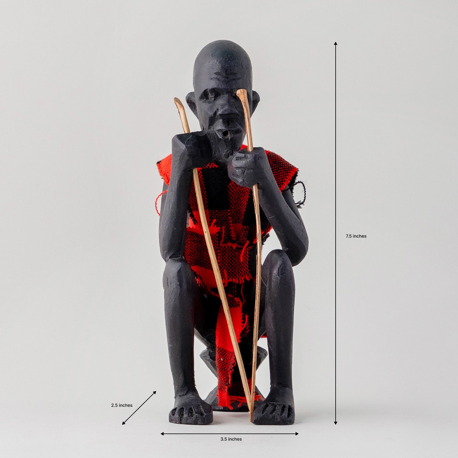 Wooden Statue of A Masai Elder - Checked Clothing - 3x2.5x7 Inches