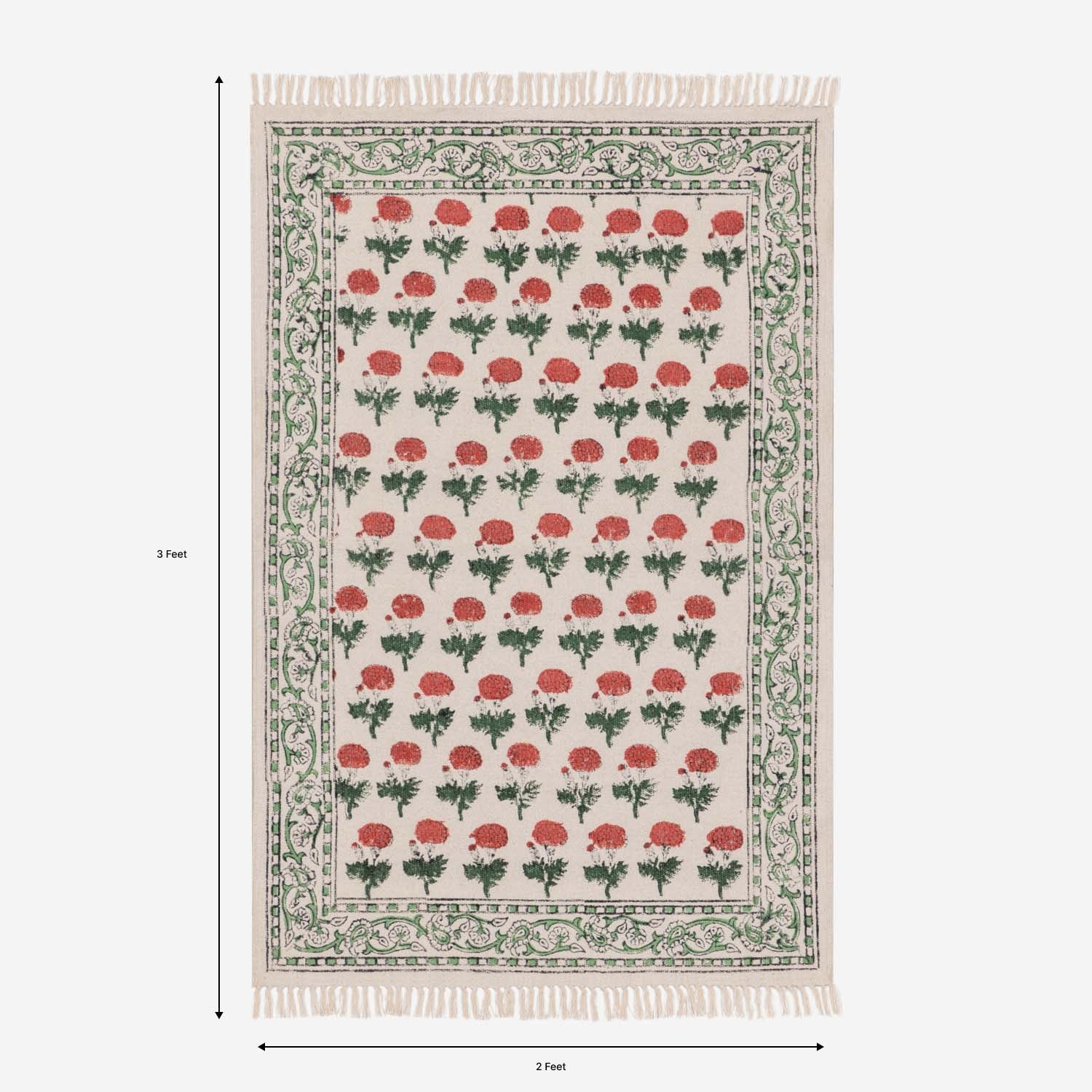 1 PC ONLY - Handwoven & Hand Block Printed Cotton Rug - White Pink Green - 2x3