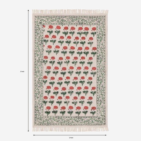 Floral Kalamkari Cotton Rug 2x3 - White Pink - Eyaas