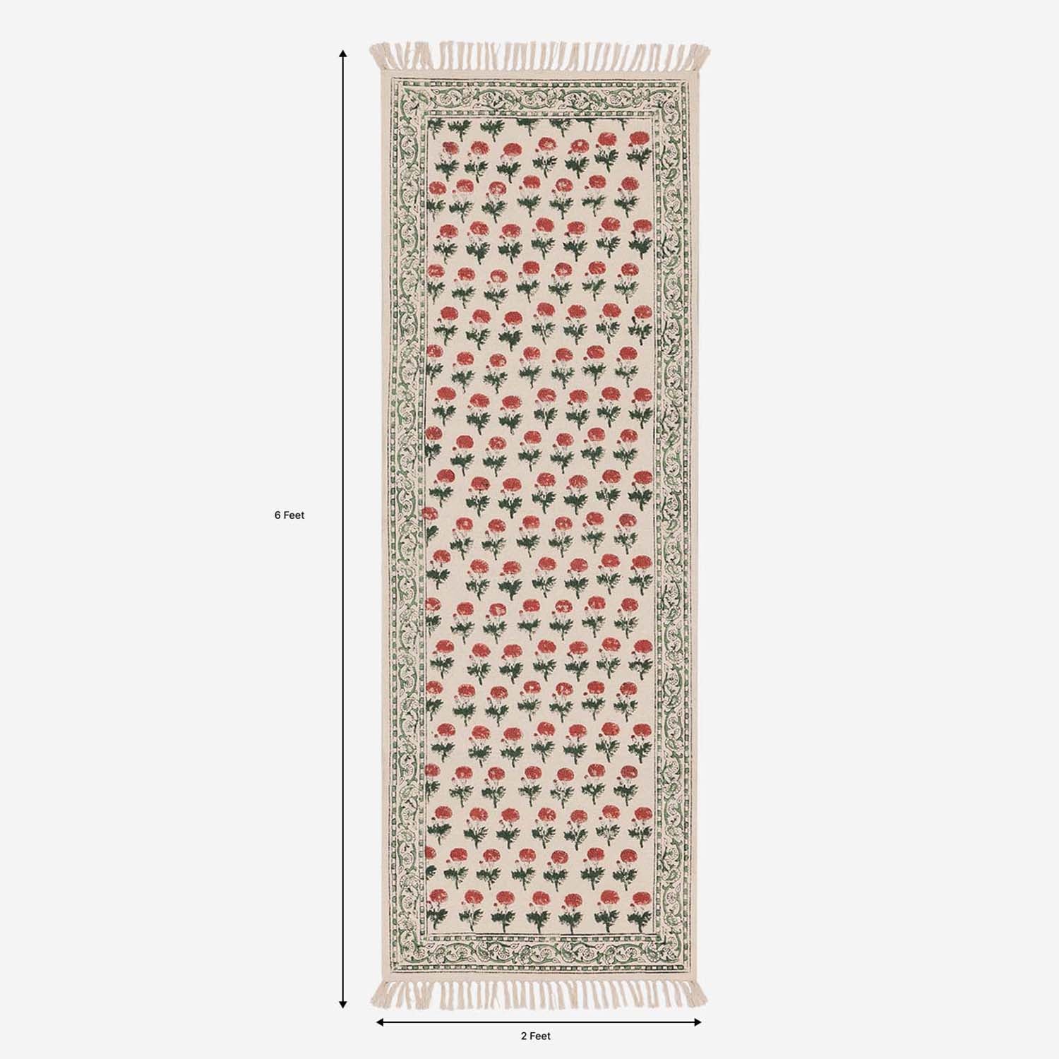 Handwoven & Hand Block Printed Cotton Rug - White Pink Green - 2x6