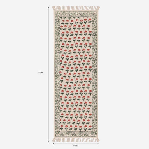 Floral Kalamkari Cotton Rug 2x6 ft - White Pink