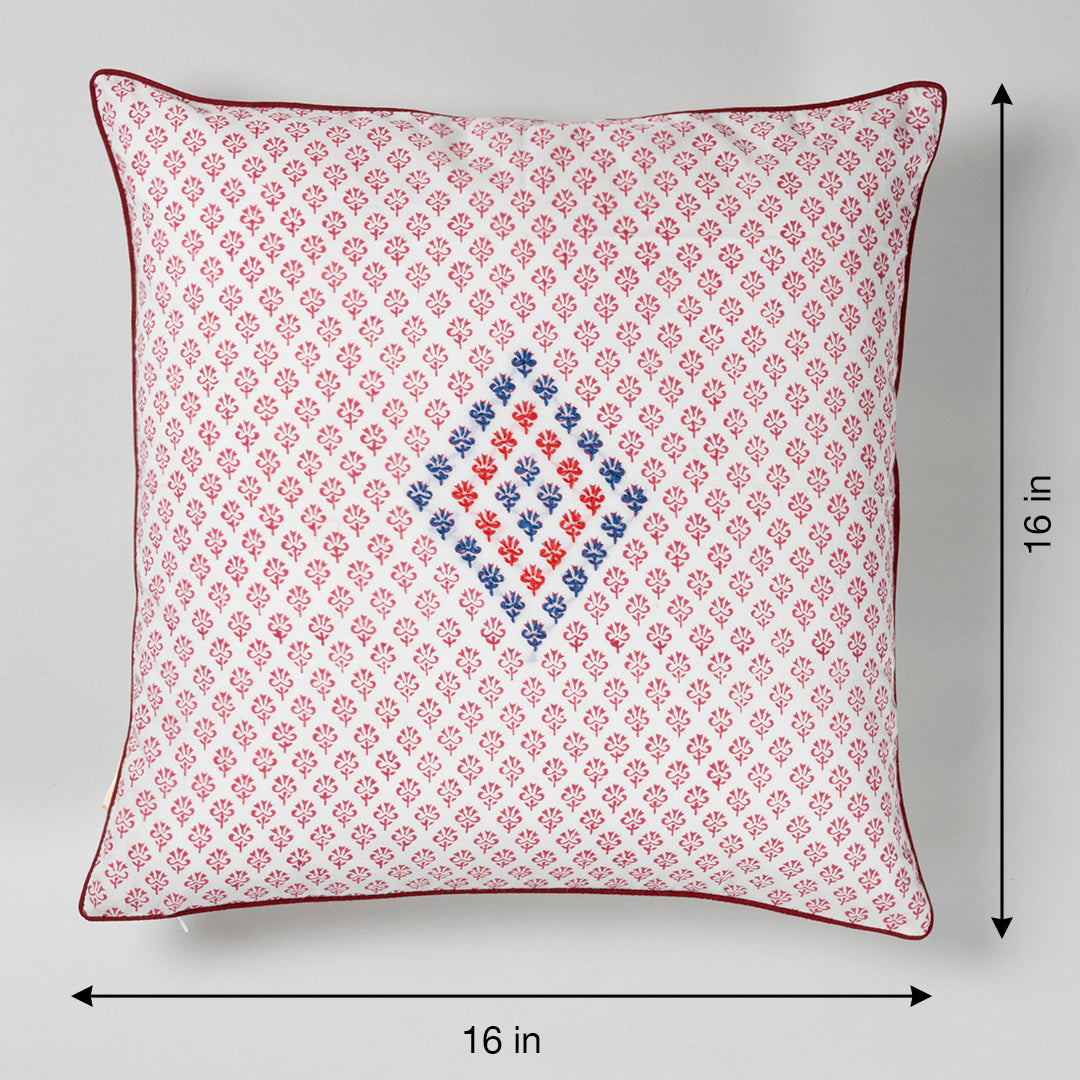 Red Hand Embroidered Block Printed Cotton Square Cushion Cover 16x16