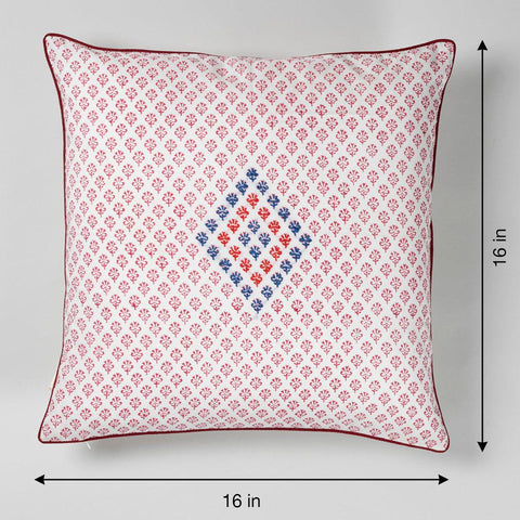 Embroidered Block Printed Cushion Cover, 16x16, Red - Eyaas