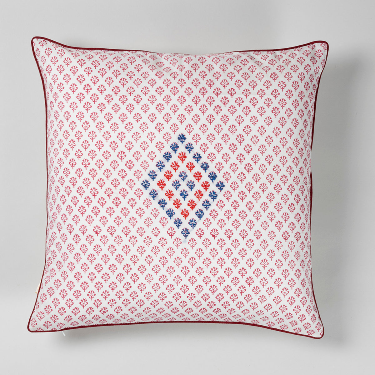 Red Hand Embroidered Block Printed Cotton Square Cushion Cover 16x16