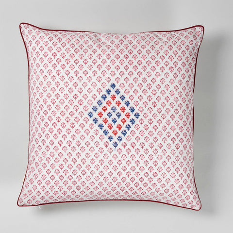 Embroidered Block Printed Cushion Cover, 16x16, Red - Eyaas