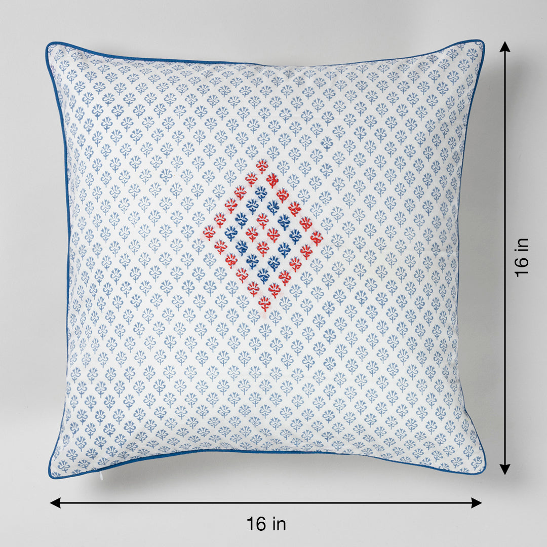 Blue Hand Embroidered Block Printed Cotton Square Cushion Cover 16x16