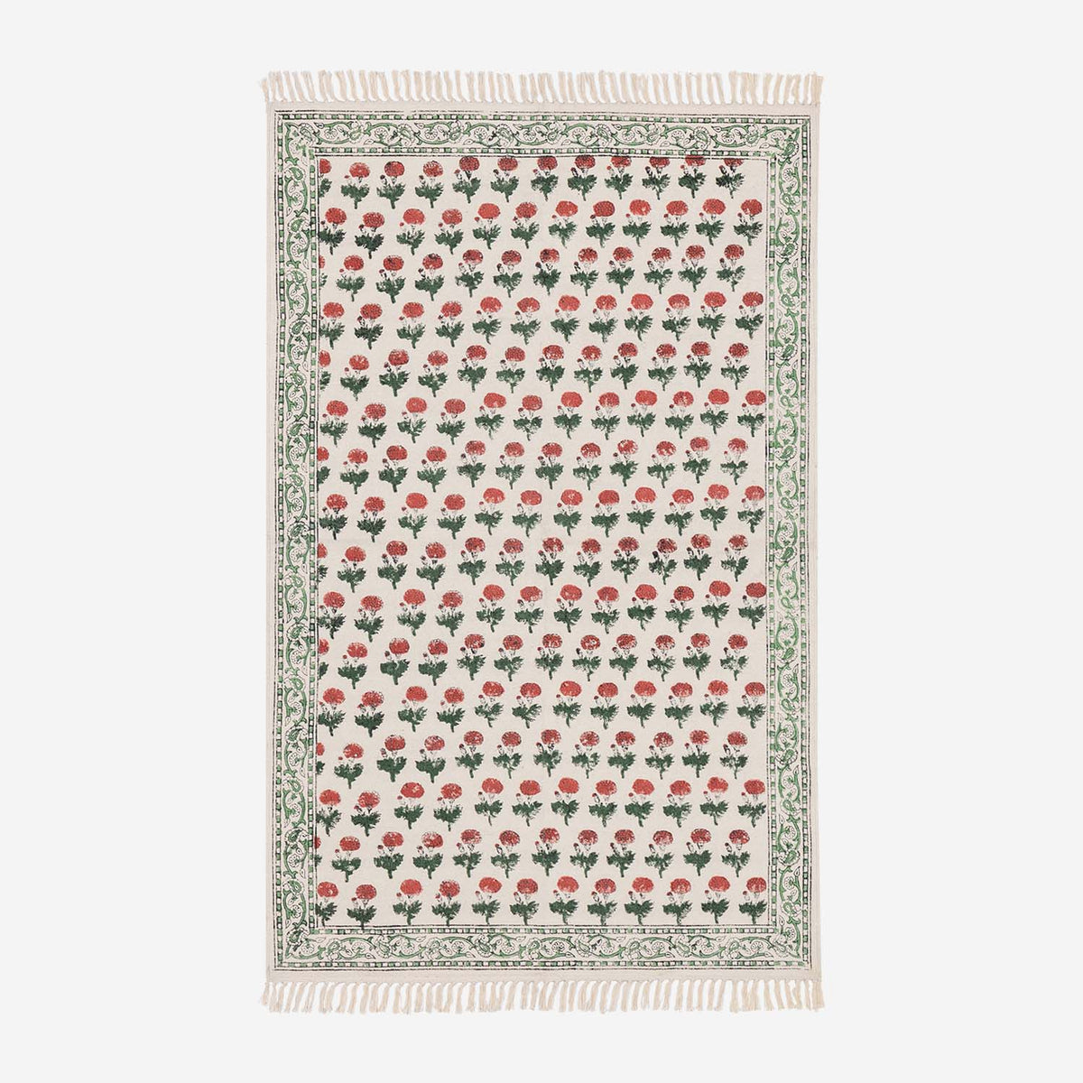 Handwoven & Hand Block Printed Cotton Rug - White Pink Green - 5x3