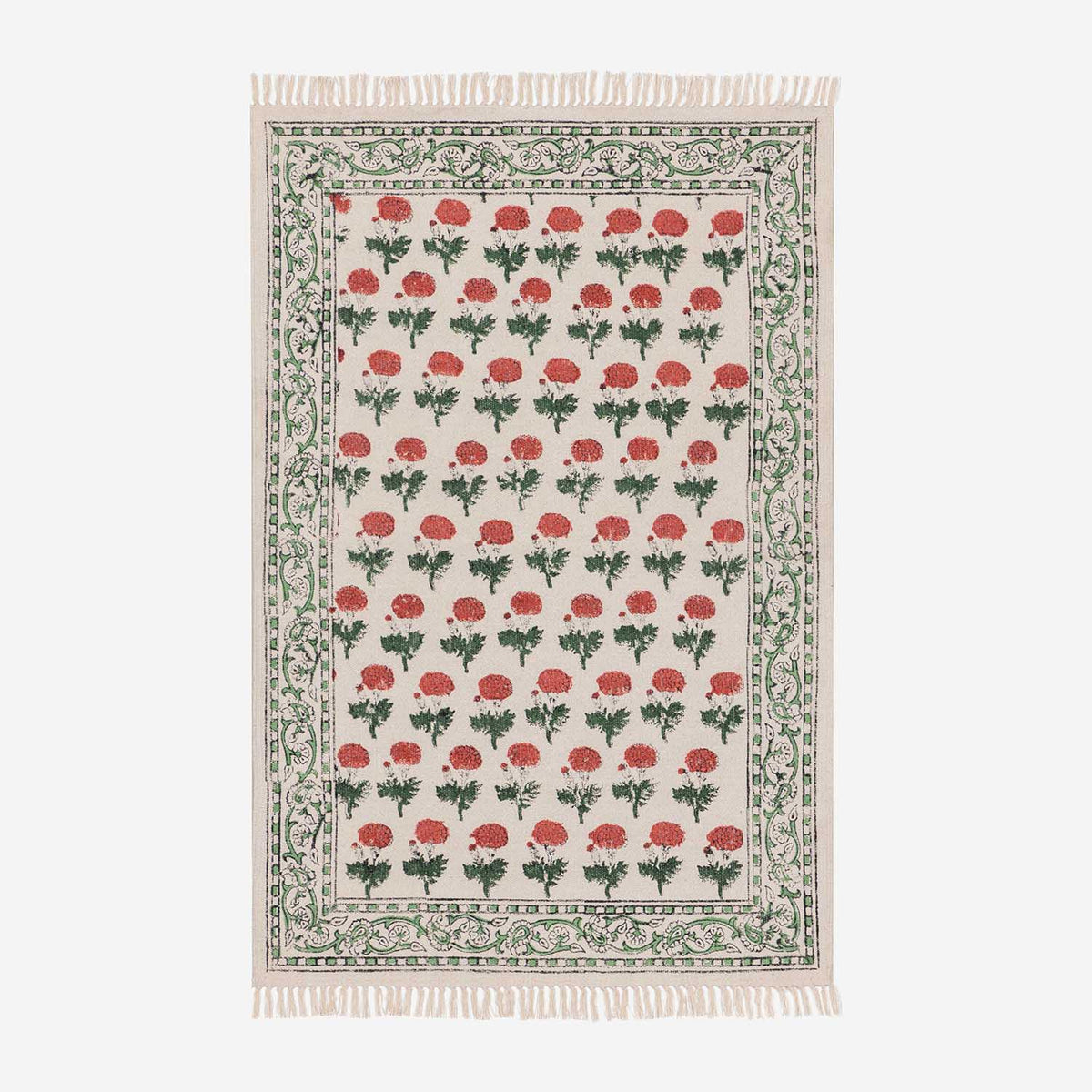 1 PC ONLY - Handwoven & Hand Block Printed Cotton Rug - White Pink Green - 2x3