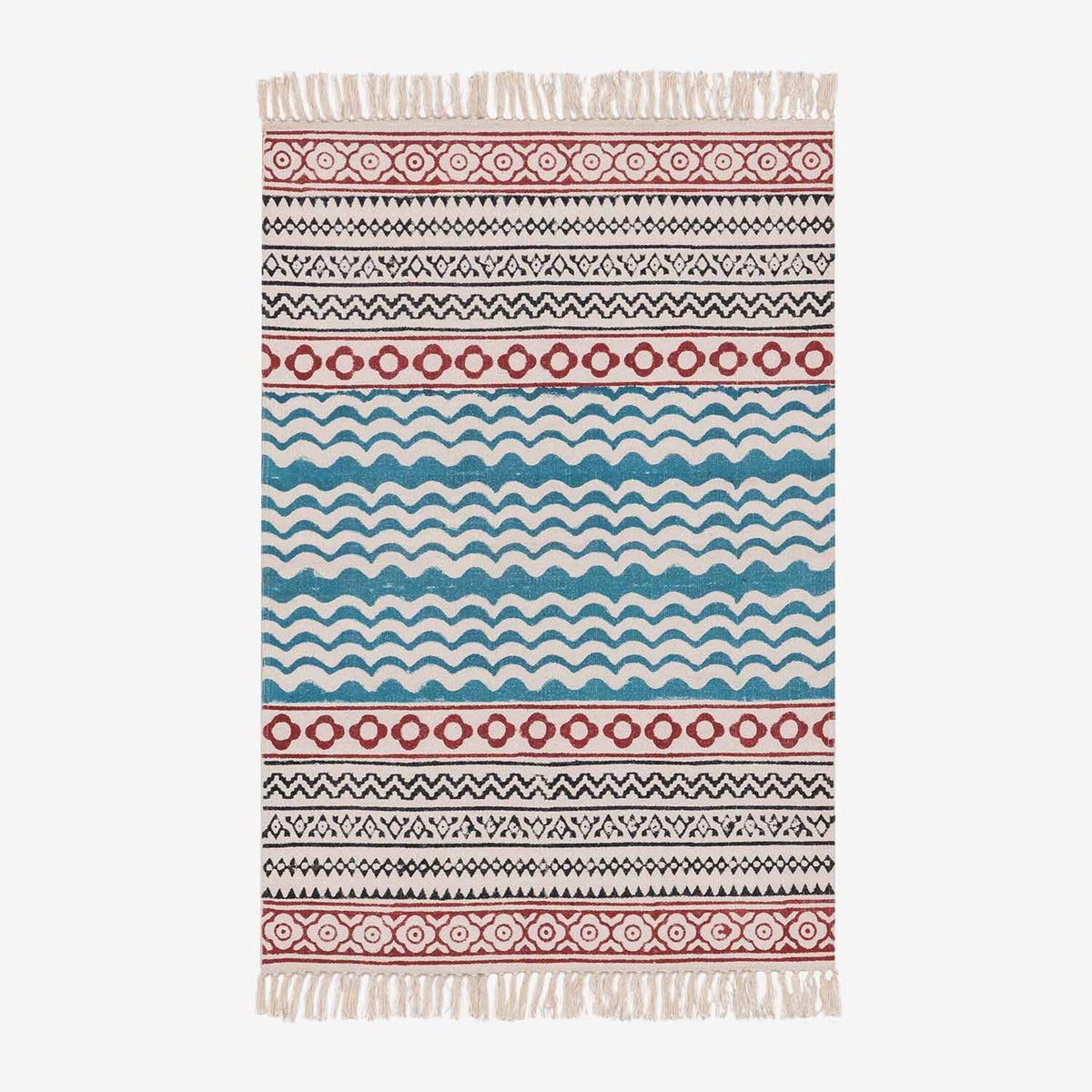 Handwoven & Hand Block Printed Cotton Rug - Blue/White - 2x3